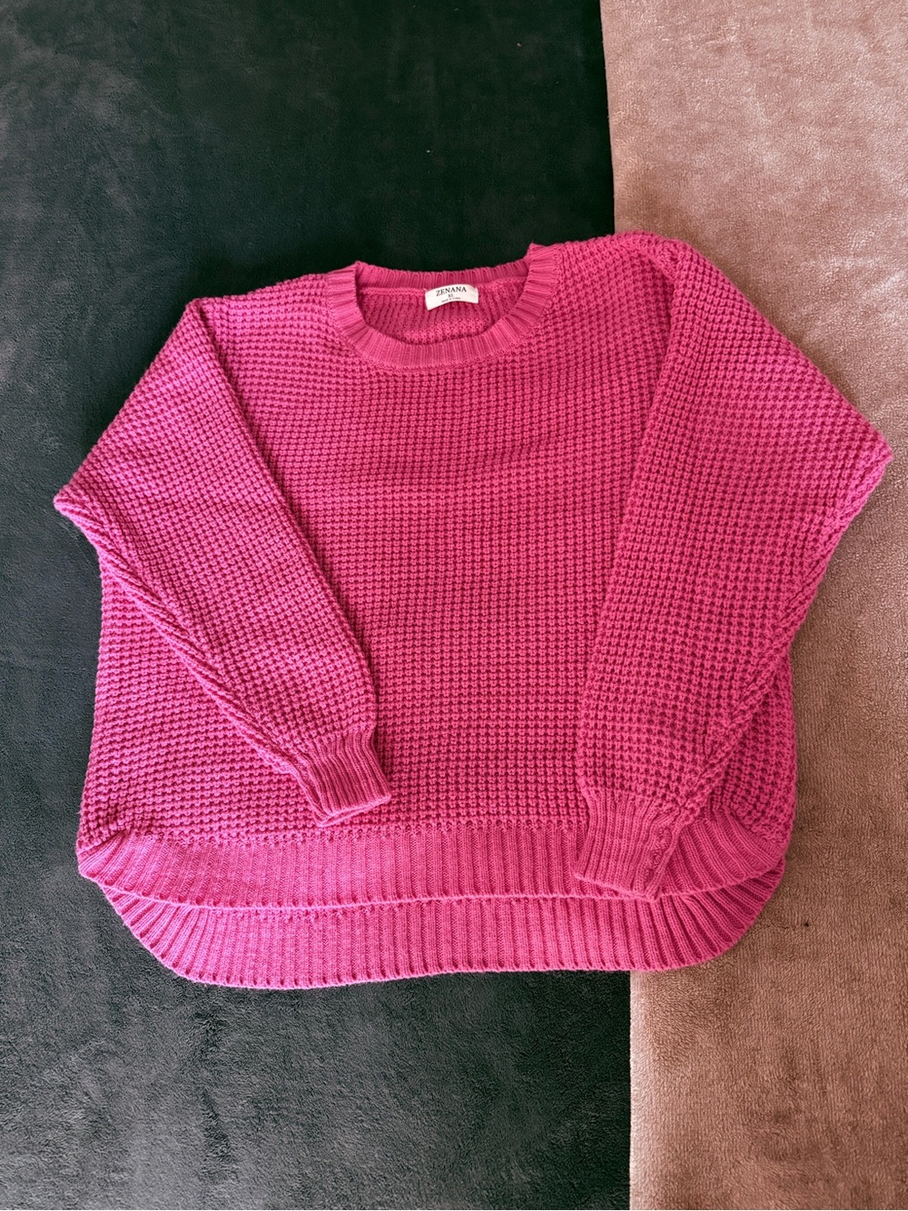 Zenana Outfitters Hot Pink Waffle-Knit Crewneck Sweater